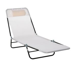 Folding Chaise Lounge Chair, Cream White, 5-Level Adjustable with Headrest, Breathable Mesh for Beach & Patio